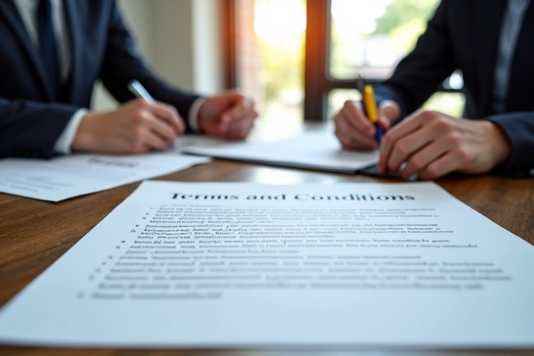 Δύο άτομα συζητούν για όρους και προϋποθέσεις με νομικά έγγραφα στο τραπέζι